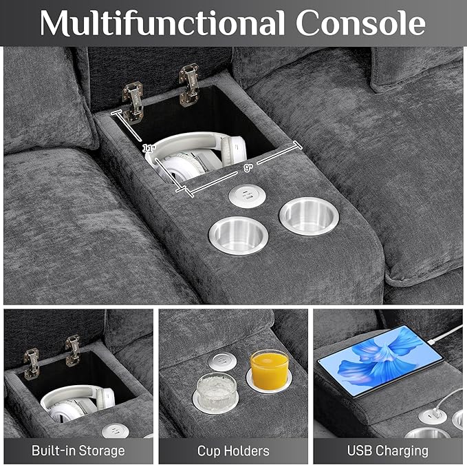 145 Oversized Modular Sectional Sofa U Shaped Cloud Couch Modern 6 Seat Sofa Set for Living Room Comfy Chenille Deep Seat with Storage Central Console Movable Ottomans Cup Holders USB Ports Grey