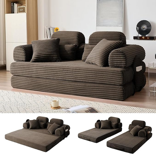 79'' Upgrade High Backrest Convertible Sofa Bed with Fixed Frame Removable Armrests &amp Backrest Corduroy Sleeper Couch No Assembly Guest Bed for Small Spaces (High Backrest Brown) | Convertible