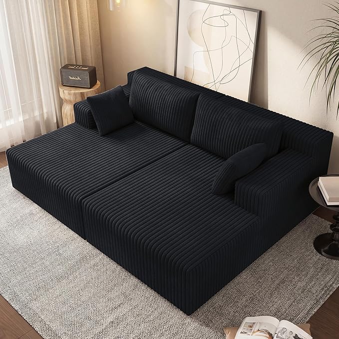 71'' Oversized Double Chaise Lounges Indoor Cloud Upholstered Boneless Couch Bed Deep Seat No Assembly Required Modern Corduroy Sleeper Loveseat Chair for Living Room Bedroom Reading (Black) | Bre