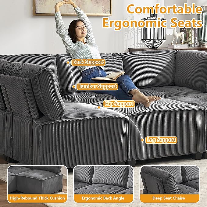 121 Inch Cloud Oversized Modular Sectional Sofa U Shaped Modular Couch with Reversible Chaise Comfy 6 Seat Convertible Sectional Sofa with Ottoman for Living Room Dark Grey