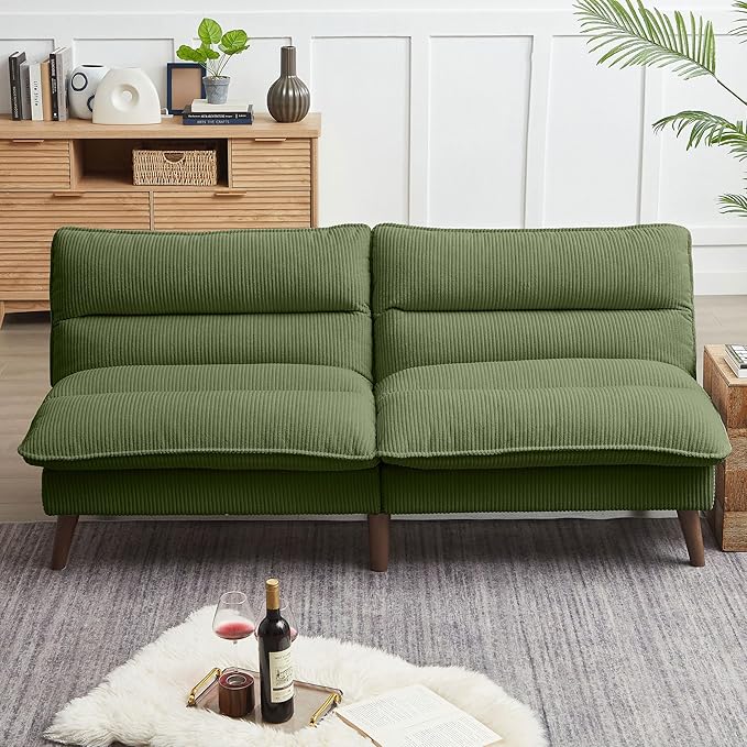 72 Futon Sofa Bed Convertible Futon Couch with Adjustable Backrest Modern Corduroy Sleeper Sofa for Small Spaces Living Room Office Green