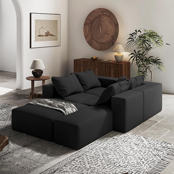 Yoglad 132 Modern L-Shape Sectional Upholstery Sofa 6 Seat Freedom Combination Living Room Sofa Comfy Deep Seat Floor Furniture with 6 Pillows for Living Room Office (Chenille Black)