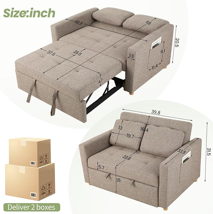 SEJOV 3-in-1 Convertible Sofa Bed Linen Fabric Sleeper Couch Pull Out Bed 49 2-Seater Loveseat Futon Sofa with Spring Support Adjustable Backrest and Pillows for Small Spaces Living Room