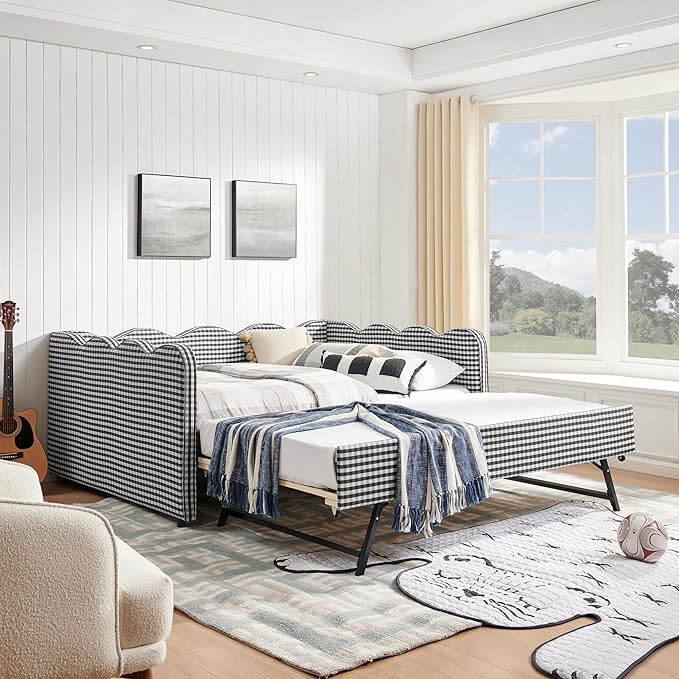 Cozy Gingham Daybed with Trundle Twin Size Sofa Bed No Box Spring Needed with USB Port and Adorable Wave Shaped Linen Fabric Navy (Full+Black)