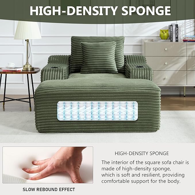 PELUMY 67 Oversized Chaise Lounge Sofa Bed Corduroy Boneless Sleeper Sofa with 2 Pillows &amp 2 Cup Holders Plush Cloud Couch for Living Room No Assembly Required (Green)