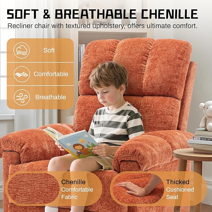 Recliner Chair Swivel Rocker Recliner Chair for Adults Small Recliners for Small Spaces Manual Recliner with Side Pockets Upholstered Nursery Rocking Chair for Living Room Chenille Orange