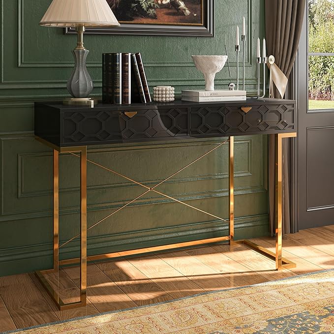Clihome 42'' Home Office Desks Modern Writing Desk with Drawers Modern Simple Desk with Golden Legs and X-Shaped Bracket