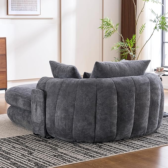Oversized Chaise Lounge Indoor Deep Seat Boneless Sofa Bed with Throw Pillows Plush Chenille Fabric No Assembly Required Comfy Sleeper Sofa for Living Room Bedroom (Grey with Pocket)