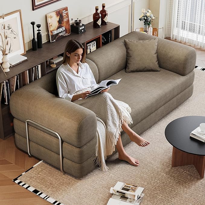 79 Convertible Sleeper Couch Bed Modern Corduroy Floor Sofa Bed with Silver Fixed-Shape Frame Modular Sofa with Pull Out Bed Loveseat Sleeper Boneless Couch for Living RoomCamel
