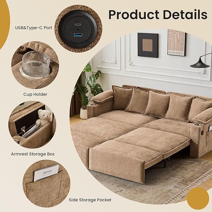 82.7’’ King Size Pull Out Sofa Bed 3 in 1 Convertible Sleeper Sofa Bed with Futon Sofa  Chenille Loveseat Couch Bed with USB Ports and Storage Pockets for Living RoomBedroom Pet-Friendly (Khaki)
