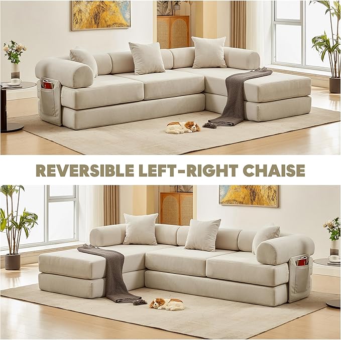 L Shaped Modular Sofa Bed with Cylindrical Pillow &amp Reversible Chaise Corduroy Folding Floor Convertible Sofa Couch Bed with Fixed-Shape Frame &amp Storage Pocket for Living Room Beige