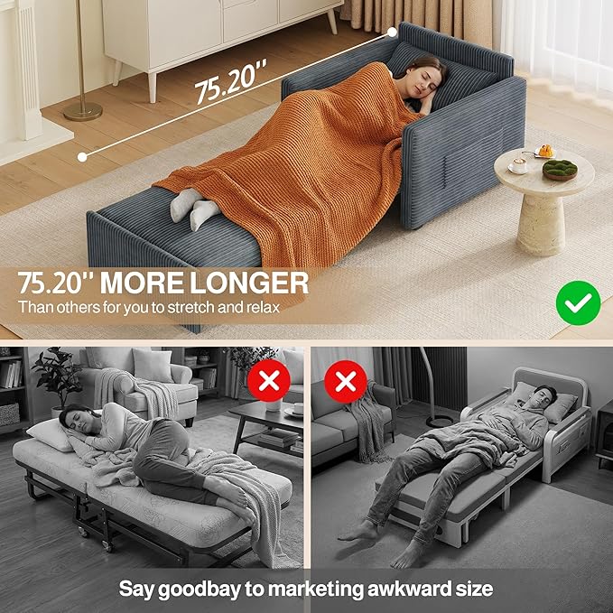 Ahomly 3 in 1 Pull Out Sleeper Chair 75.2 Long Convertible Sofa Bed for Adults Corduroy Armchair Chair Bed &amp Single Sleeper with Pillow for Dorm/Bedroom Dark Grey