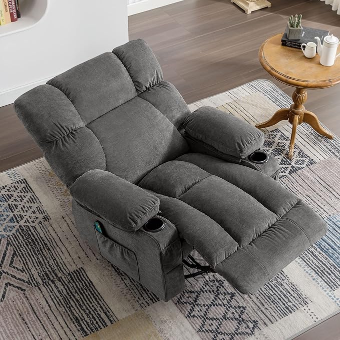 Fantasylab Recliner Chair with Vibration Massage &amp Lumbar Heating 360° Swivel Oversized Rocker Recliner with USB Charging Port Two Cup Holders &amp Side Pocket for Living Room
