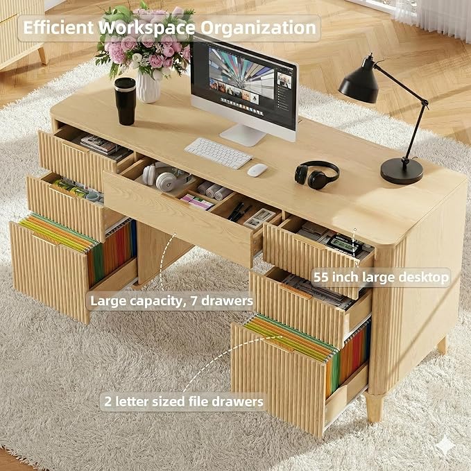 Wooden Desk with Drawers 55 Fluted Executive Desk with Storage Cabinet Wood Home Office Desk with File Cabinet Modern Computer Writing Desk for Study Living Room Bedroom