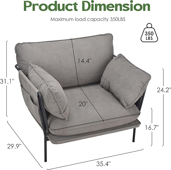 Modern Accent Chairs Set of 2 Oversized Living Room Chairs Reading Chair with Solid Metal Legs Fabric Armchair with Side Pockets and 2 Pillows Accent Chairs for Bedroom Nursery Khaki