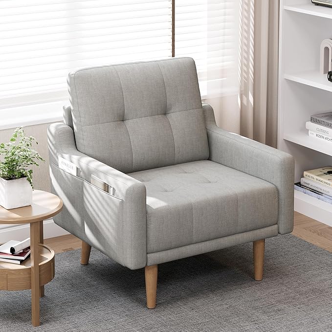 EJUNQ Mid Century Accent Chair Upholstered ArmchairComfy Reading Chair with Wood LegsModern Single Sofa Chair for Living Room Bedroom Small Spaces (1 Grey)