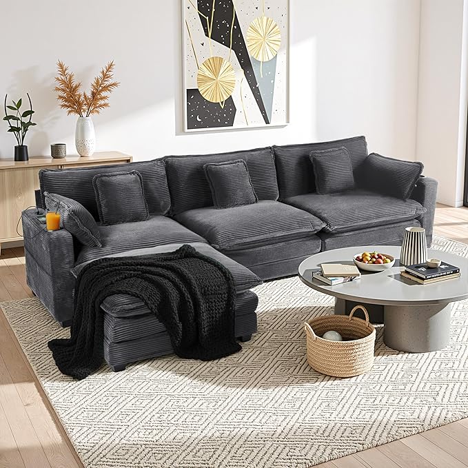Gexpusm Modular Sectional Sofa99 Couches for Living RoomCorduroy Sofa with Ottoman &amp PillowCloud Sectional Couch with Cup Holders &amp USBSide Pockets3-Seat Corduroy Boneless Chair Indoor (