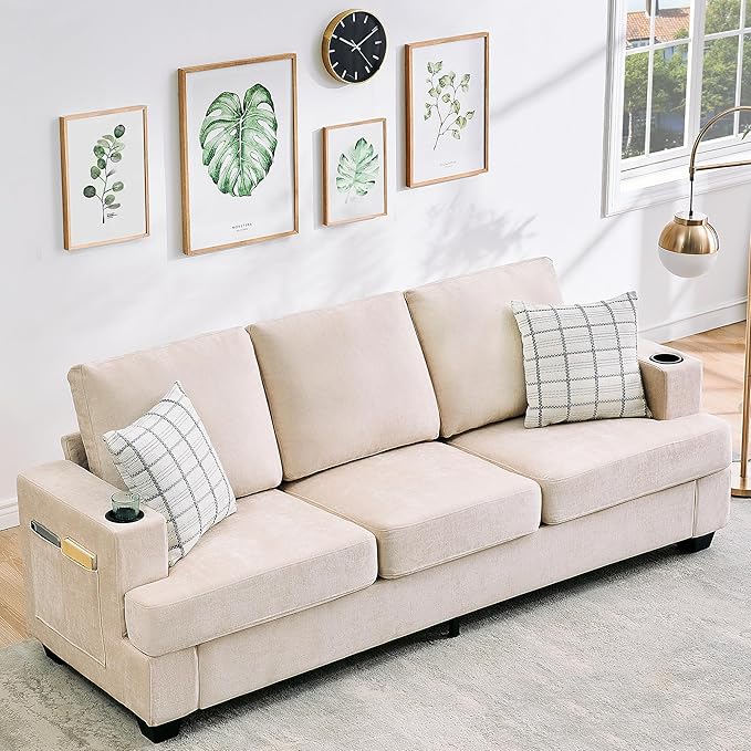 Garvee Chenill Sofa for Living Room 89-Inch Comfy Couches with Deep Seat Modern 3-Seater Sofa Couch with Cup Holders and Side Storage Pockets for Apartment Lounge Beige