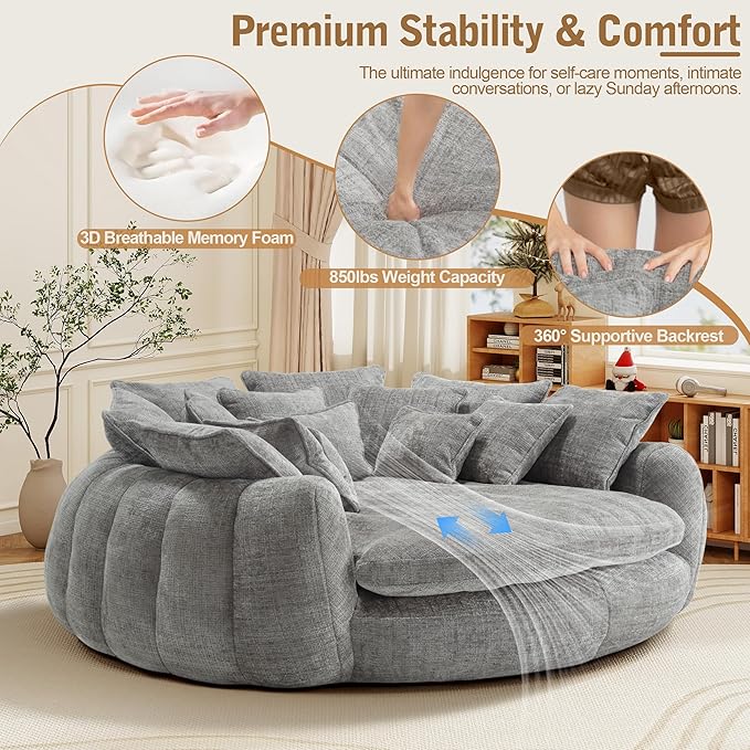 82'' Oversized Upholstered Sofa Bed Round Chaise Lounge Chair Indoor Modern Chenille Boneless Couch No Assembly Required Plush Sleeper Chair with 14 Pillows for Living Room Light Grey