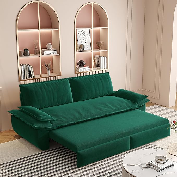 73.2‘’ Velvet Queen Pull Out Sofa Bed 3-in-1 Convertible Loveseat Sleeper Sofa Couch with Armrest Space Saving for Living Room Apartment Green