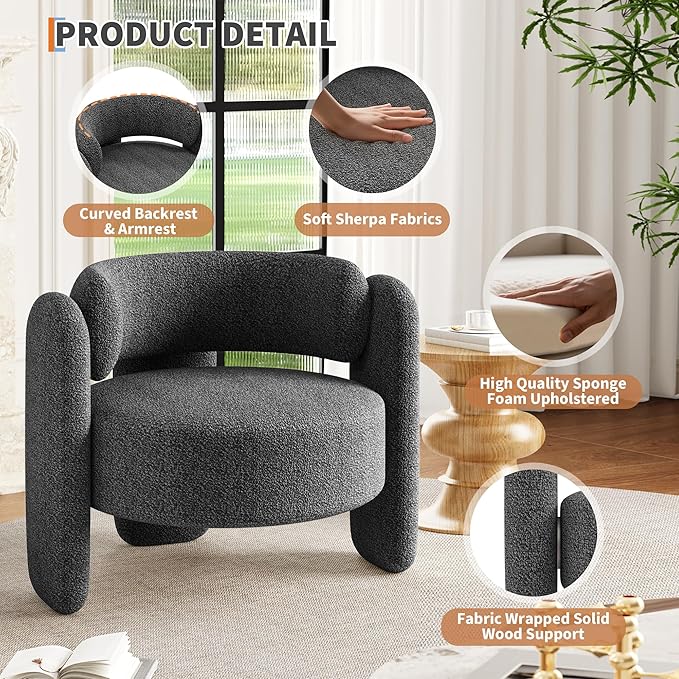 Modern Accent Barrel Chair Sherpa Upholstered Boucle Barrel Club Chair with Curved Backrest Rubberwood Frame Foot Pads Mid Century Single Armchair for Living RoomBedroomWaiting Room(Grey)