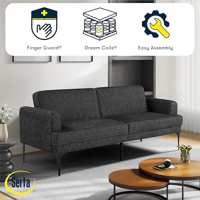 Serta® Paulsen 83.1 Split Back Convertible Futon Sofa Dreamcoil® Comfort FingerGuard® Pinch Point Protection Woven Polyester Fabric Black