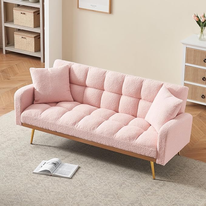 Teddy Futon Sofa Bed69 Modern Small Love Seat Couch for Small SpacesConvertible Tufted Sleeper Sofa Loveseat Couch Bed with Gold Metal Legs for Living RoomBedroomApartment (Teddy Pink)