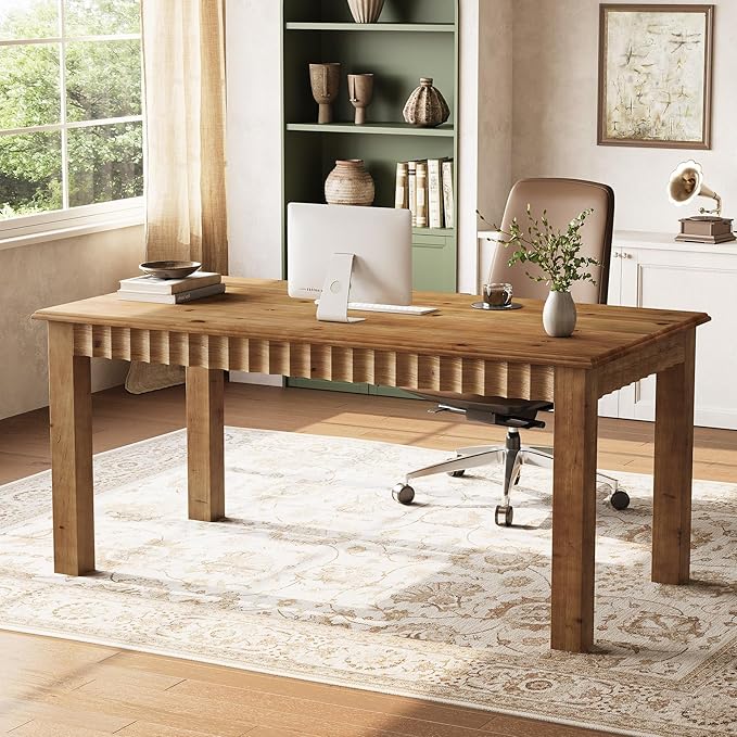 63-Inch Computer Desk Solid Wood Home Office Desk with Sturdy Wooden Legs Rustic Large Computer Office Table for Writing Reading Study Brown