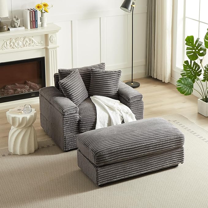 Oversized Corduroy Sleeper SofaComfy Thicked Upholstered Padded Chaise Longue with OttomanSoild Wood Reclining Chair DaybedDeep Seat Convertible Couch Bed for Living Room Office