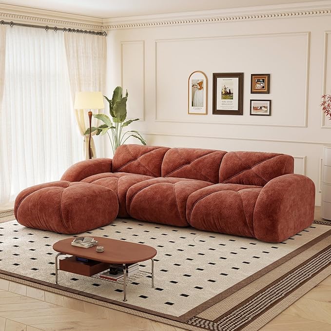 110.6 L Shaped Boneless Couch Modern 3 Seater Modular Sectional Sofa Convertible Velvet Modular Cloud Sofa with Ottoman &amp Deep Seat Free Combination Upholstered Couches for Living Room Red