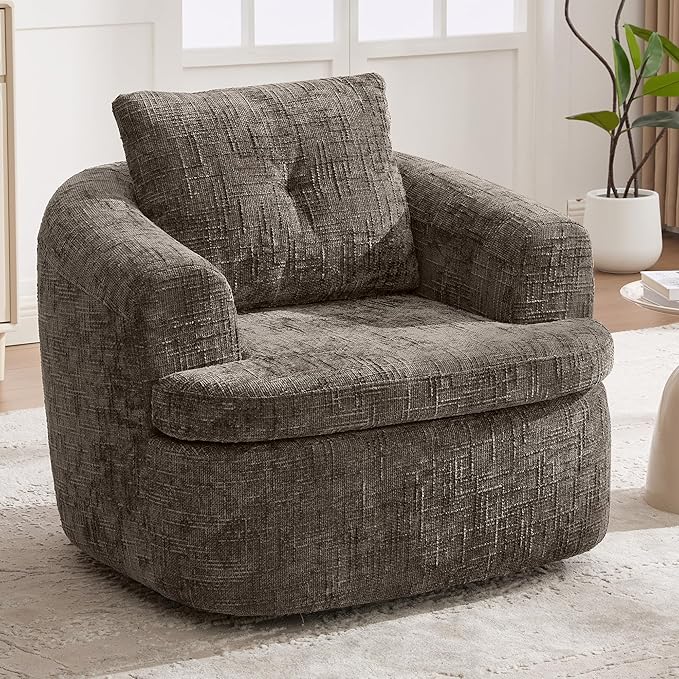 Merax 360° Swivel Sofa Chair Chenille Fabric Accent Barrel Chair 36.6 Swivel Round Chair with Dual-Layer Cushion Design for Living Room Bedroom Office and Hotel Brown