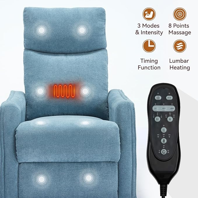 Heat Massage Manual Recliner Chair with Rocker and Swivel in Fabric for Living Room Blue