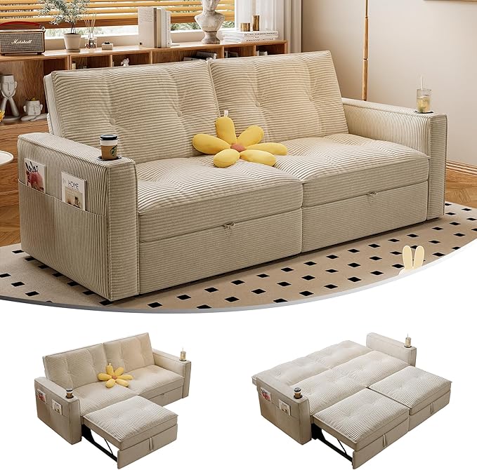 73.2 inch 2-in-1 Convertible Sofa Bed with Cup Holder | Space-Saving Sleeper for Small Apartments Dorms &amp Offices | Guest Ready in Seconds (White+Corduroy)