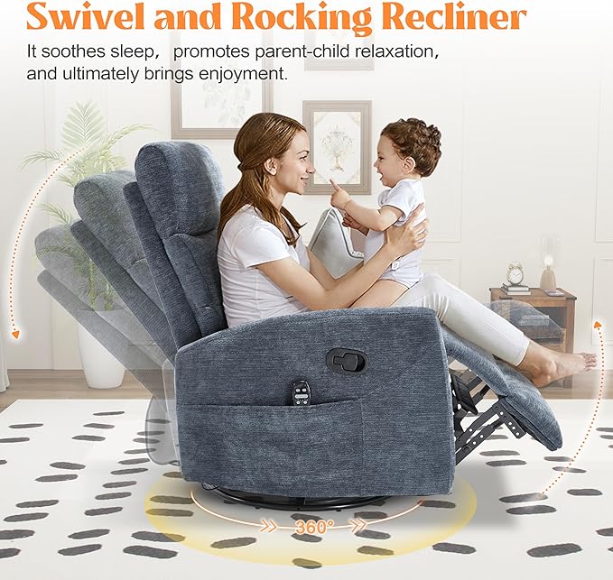Luxlen Manual Swivel Rocker Recliner Chair with Massage Overstuffed Recliner Glider with Vibration Massage and Heat for Nursery Living Room Reclining Sofa Chair Fabric Blue
