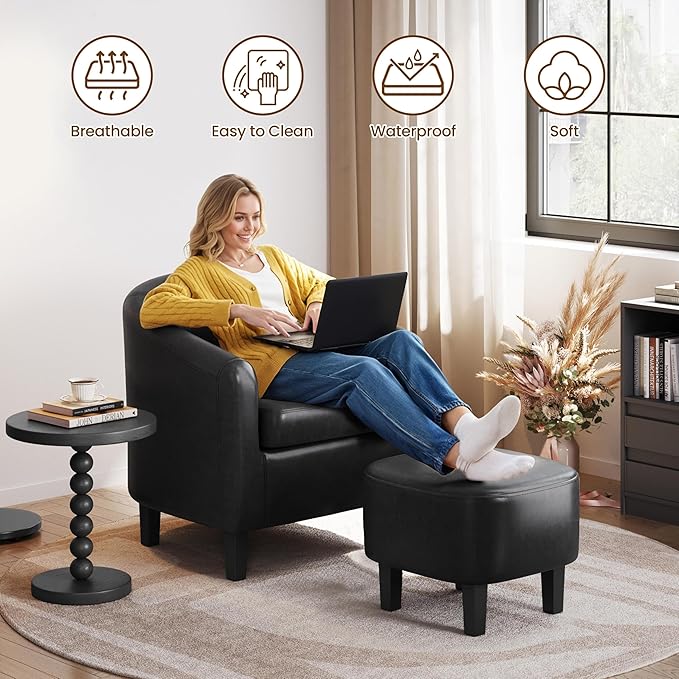 Yaheetech Accent Chair with Ottoman Set Modern Faux Leather Upholstered Soft Barrel Chair and Footrest Club Armchair and Footstool for Living Room/Bedroom/Reading Room/Guest Room Black
