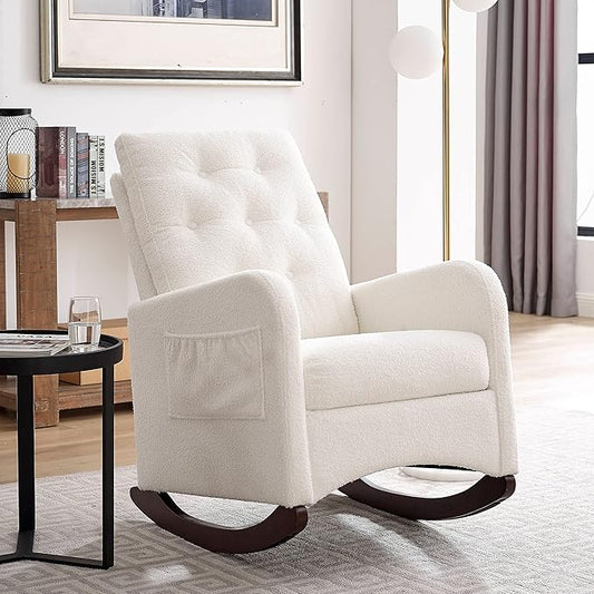25.6 W Modern Accent High Backrest Living Room Lounge Arm Rocking Chair Two Side Pocket