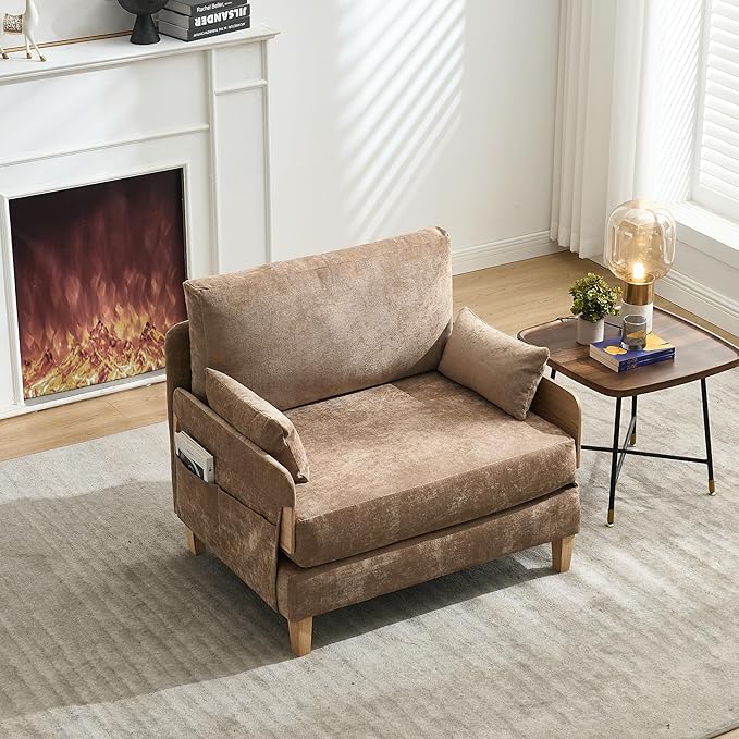 Large 3 in 1 Convertible Futon Sofa Bed Chair 35 W Extra Wide Sleeper Chair Bed with Pull Out Couch Modern Chenille Chaise Lounge Armchair for Living Room Bedroom Playroom Light Brown