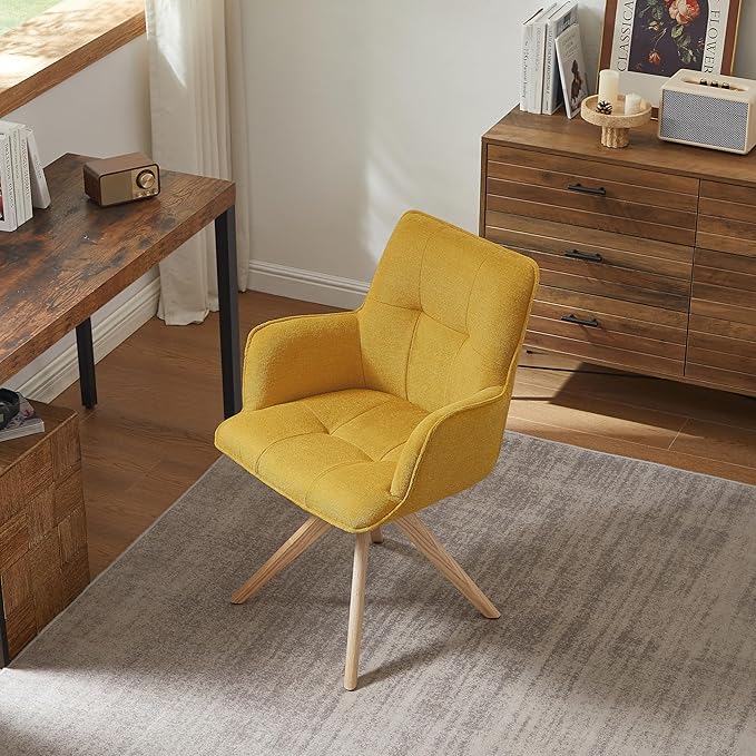 Art Leon Mid Century Modern Desk Chair - Fabric Upholstered Office Chair No Wheels Swivel Armchair with Oak Wood Legs for Small Space Living Room Bedroom Set of 2 Yellow