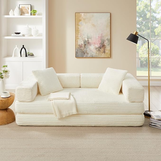 81'' Futon Sofa Bed Folding Floor Couch Bed Corduroy Fabric Boneless Couch Compressed Boneless Sofa in a Box Comfy Sleeper for Living Room-Beige
