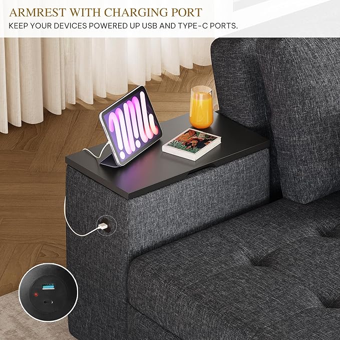 YITAHOME Queen Size Sleeper Sofa 5-in-1 Convertible Sofa Bed Couch with 2 Storage Cabinets and USB Ports 100 Sectioanl Sofa Couch with 2 Throw Pillow for Living Room Grey Linen Fabric