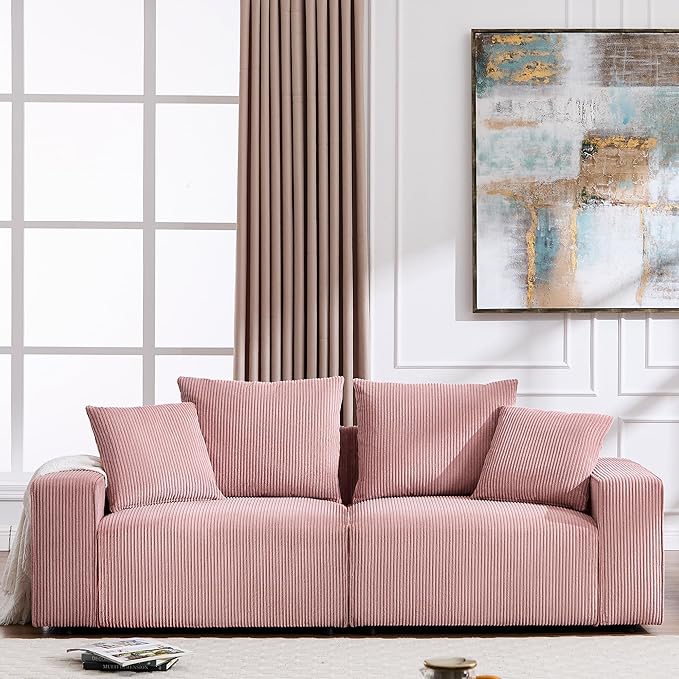 Modern Corduroy Sofa 88.5 inch Wide Living Room Couch with Wide Arms 3-Seater Living Room Couch with Throw Pillows Pink