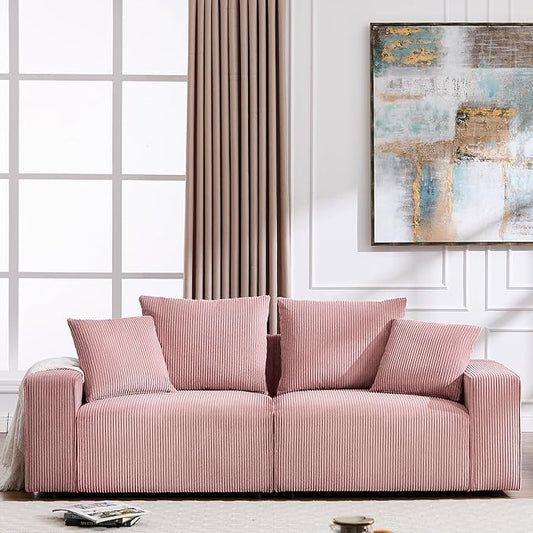 Modern Corduroy Sofa 88.5 inch Wide Living Room Couch with Wide Arms 3-Seater Living Room Couch with Throw Pillows Pink