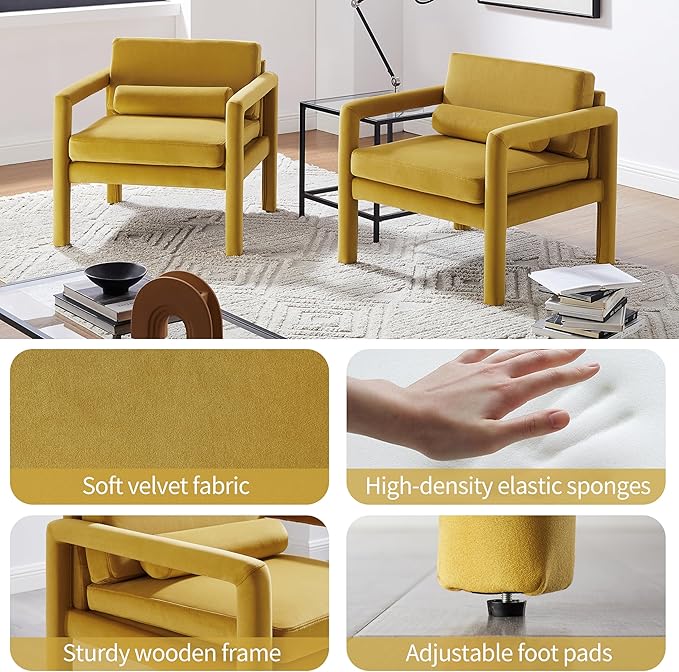 Art Leon Modern Velvet Upholstered Arm Chairs Set of 2 Living Room Accent Chairs with Pillow Yellow