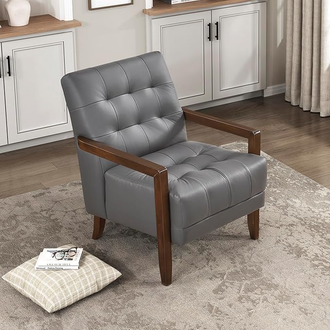 Lexicon Modern Accent Chair Luxury Genuine Leather Match Living Room Chair with Tufted Cushions Solid Wood Frame and Arm Rest Comfy Upholstered Single Seat for Bedroom/Reading/Office Dark Gray