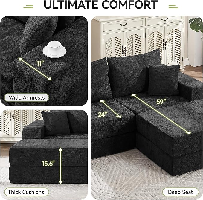 79 Boneless Loveseat Sofa Couch Modular Foldable Floor Cloud Sofa with Ottoman Lounge Convertible Sofa Bed for Living Room No Assembly Chenille Black