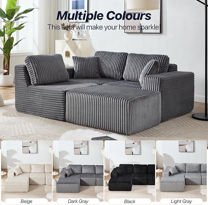 101.5'' Modular Sectional Sofa Cloud Sectional Couch with Deep Seat Comfy Fluffy L Shaped Couches Memory Foam Sofa with 1 Ottoman Corduroy Boneless Couch No Assembly Required Dark Gray