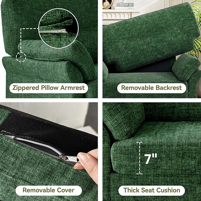 44.5 Oversized Accent Chair Comfy Chenille Fabric Living Room Chairs Upholstered Modern Armchair Extra Large Single Sofa Reading Chair for Bedroom Apartment Tool-free Assembly Dark Green