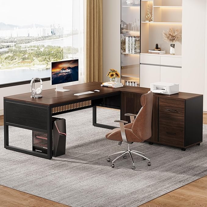 Tribesigns 63-Inch L-Shaped Desk Modern Executive Desk with Mobile File Cabinet Large Office Desk with Door Storage Cabinet and Drawer Business Furniture for Home Office Dark Walnut &amp Black
