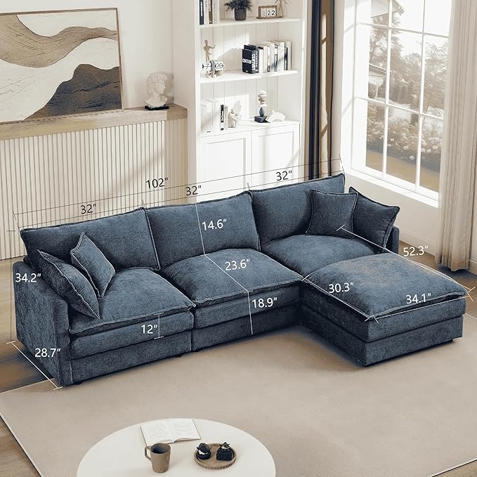 Homy Casa 102 Inch L Shaped Couch Set3-Seat Sectional Sofa with Chaise Comfortable Chenille Fabric Removable Cushions Ottoman DIY CombinationModern Design for Living/Family Room (Blue)