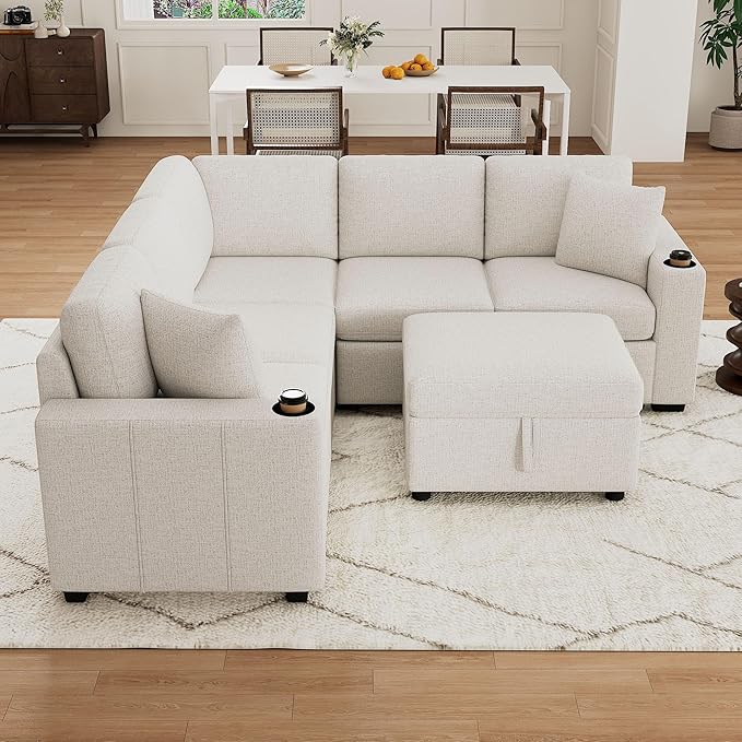 84.7 Sectional Sofa Convertible Pull-Out Sofa Bed with Movable Storage Ottoman and Dual Cup Holders Chenille Fabric Free-Combined Modular Couch for Living Room (Beige-3.27)